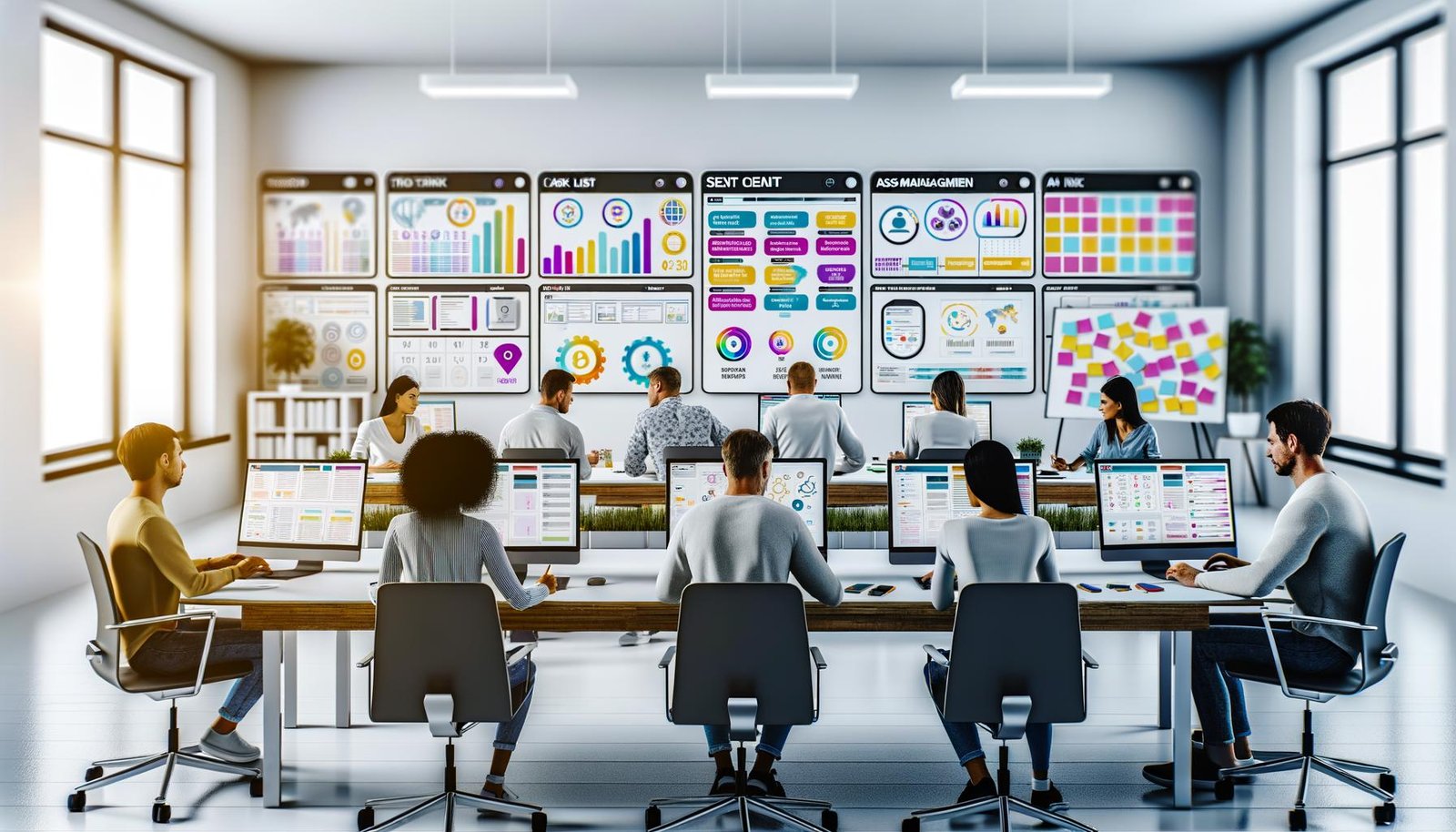 Modernes Büro mit großen Schreibtischen, mehreren Bildschirmen mit Content Creation Plattform und Team bei gemeinsamer Arbeit, digitale Whiteboards im Hintergrund.