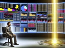 Überforderter Marketer vor großem, futuristischem Daten-Dashboard mit bunten KPIs und Zahlenstapeln, goldener Lichtstrahl hebt klaren Insight hervor.