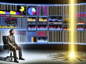 Überforderter Marketer vor großem, futuristischem Daten-Dashboard mit bunten KPIs und Zahlenstapeln, goldener Lichtstrahl hebt klaren Insight hervor.