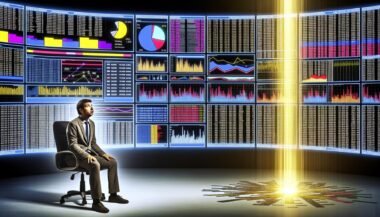 Überforderter Marketer vor großem, futuristischem Daten-Dashboard mit bunten KPIs und Zahlenstapeln, goldener Lichtstrahl hebt klaren Insight hervor.