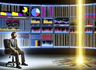 Überforderter Marketer vor großem, futuristischem Daten-Dashboard mit bunten KPIs und Zahlenstapeln, goldener Lichtstrahl hebt klaren Insight hervor.