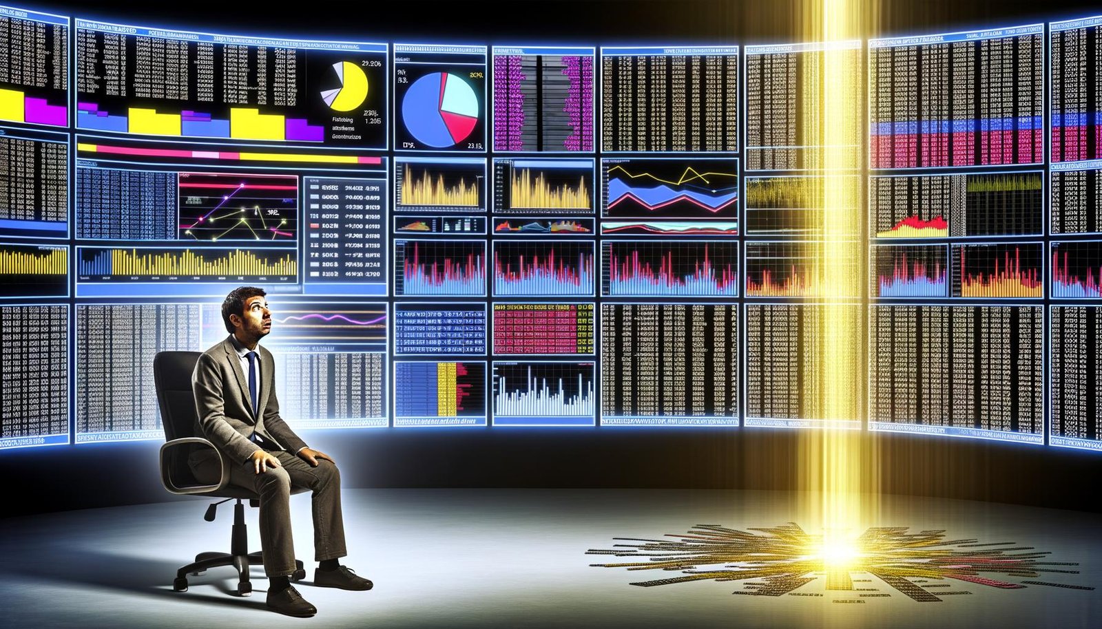 Überforderter Marketer vor großem, futuristischem Daten-Dashboard mit bunten KPIs und Zahlenstapeln, goldener Lichtstrahl hebt klaren Insight hervor.