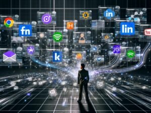 Ein moderner digitaler Arbeitsplatz mit vernetzten Bildschirmen, Analyse-Charts und Marketing-Plattform-Symbolen. Daten fließen zwischen Google Analytics, Facebook, LinkedIn, Shopify, HubSpot und Salesforce, während alte Papierberichte im Hintergrund verschwinden.