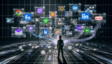 Ein moderner digitaler Arbeitsplatz mit vernetzten Bildschirmen, Analyse-Charts und Marketing-Plattform-Symbolen. Daten fließen zwischen Google Analytics, Facebook, LinkedIn, Shopify, HubSpot und Salesforce, während alte Papierberichte im Hintergrund verschwinden.