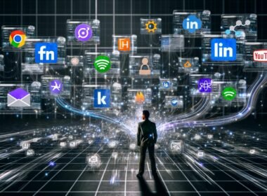 Ein moderner digitaler Arbeitsplatz mit vernetzten Bildschirmen, Analyse-Charts und Marketing-Plattform-Symbolen. Daten fließen zwischen Google Analytics, Facebook, LinkedIn, Shopify, HubSpot und Salesforce, während alte Papierberichte im Hintergrund verschwinden.