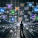Ein moderner digitaler Arbeitsplatz mit vernetzten Bildschirmen, Analyse-Charts und Marketing-Plattform-Symbolen. Daten fließen zwischen Google Analytics, Facebook, LinkedIn, Shopify, HubSpot und Salesforce, während alte Papierberichte im Hintergrund verschwinden.