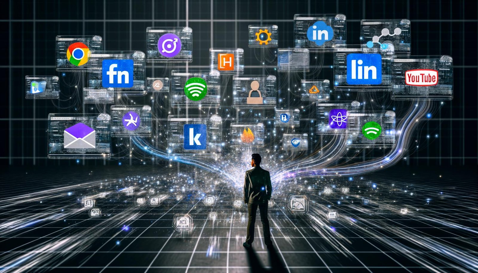 Ein moderner digitaler Arbeitsplatz mit vernetzten Bildschirmen, Analyse-Charts und Marketing-Plattform-Symbolen. Daten fließen zwischen Google Analytics, Facebook, LinkedIn, Shopify, HubSpot und Salesforce, während alte Papierberichte im Hintergrund verschwinden.
