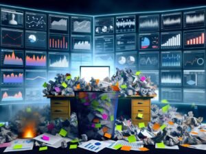 Überfüllter Schreibtisch eines Marketers mit bunt durcheinander geworfenen Dashboards, zerknüllten KPI-Berichten, Haftnotizen, brennenden Budgetzetteln und auffälligen Vanity Metrics auf Bildschirmen. Im Chaos leuchtet ein kleiner Stapel relevanter Geschäftsdaten hervor.
