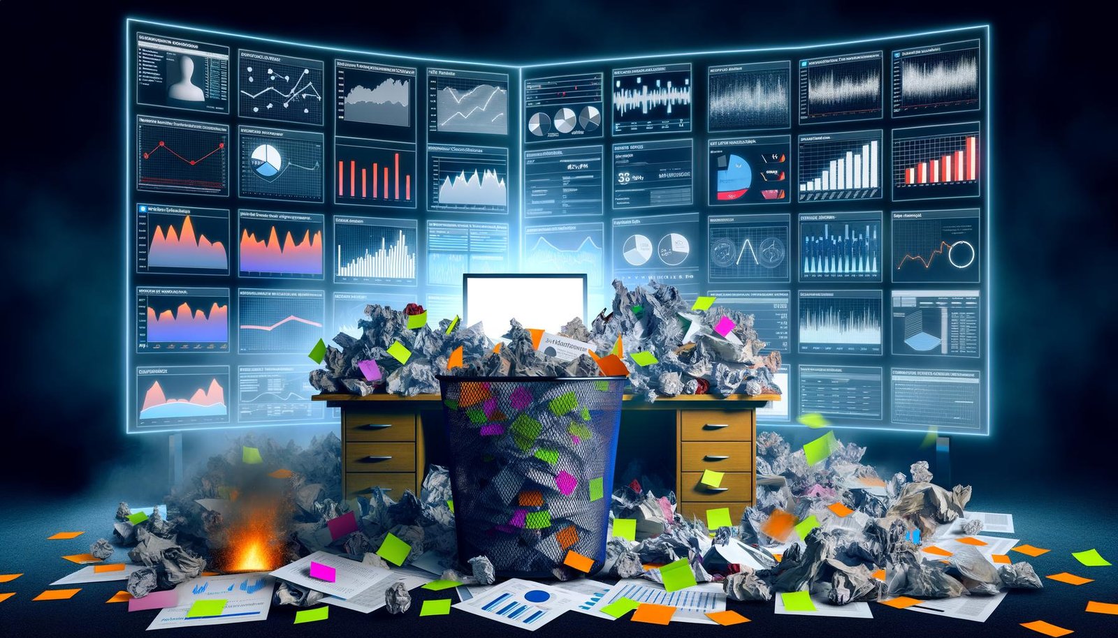 Überfüllter Schreibtisch eines Marketers mit bunt durcheinander geworfenen Dashboards, zerknüllten KPI-Berichten, Haftnotizen, brennenden Budgetzetteln und auffälligen Vanity Metrics auf Bildschirmen. Im Chaos leuchtet ein kleiner Stapel relevanter Geschäftsdaten hervor.