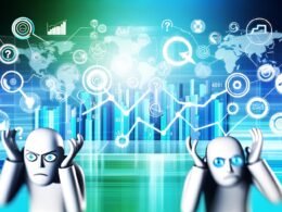 Digitales Magazinbild mit abstraktem Dashboard, interaktiven Grafiken und Personen, die Daten analysieren, in kühlen Blau- und Türkistönen auf weißem Hintergrund.