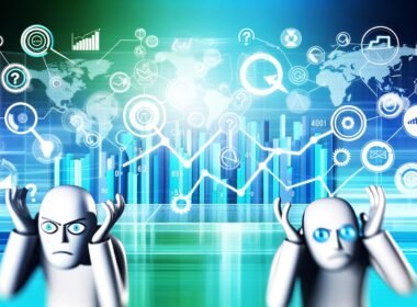 Digitales Magazinbild mit abstraktem Dashboard, interaktiven Grafiken und Personen, die Daten analysieren, in kühlen Blau- und Türkistönen auf weißem Hintergrund.