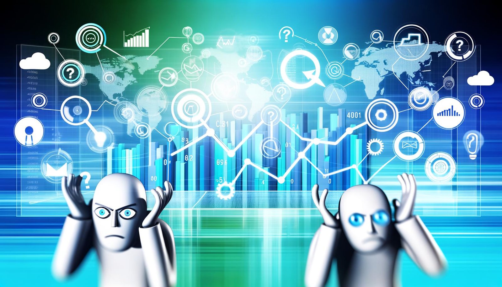 Digitales Magazinbild mit abstraktem Dashboard, interaktiven Grafiken und Personen, die Daten analysieren, in kühlen Blau- und Türkistönen auf weißem Hintergrund.