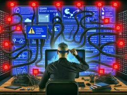 Illustration eines Marketers mit Datenbrille vor einem überdimensionalen Monitor voller Datendiagramme, Tracking-Events und Consent-Bannern, umgeben von Kabeln, Servern und Browser-Logos, während im Hintergrund DSGVO-Symbole und Alarmlichter leuchten.