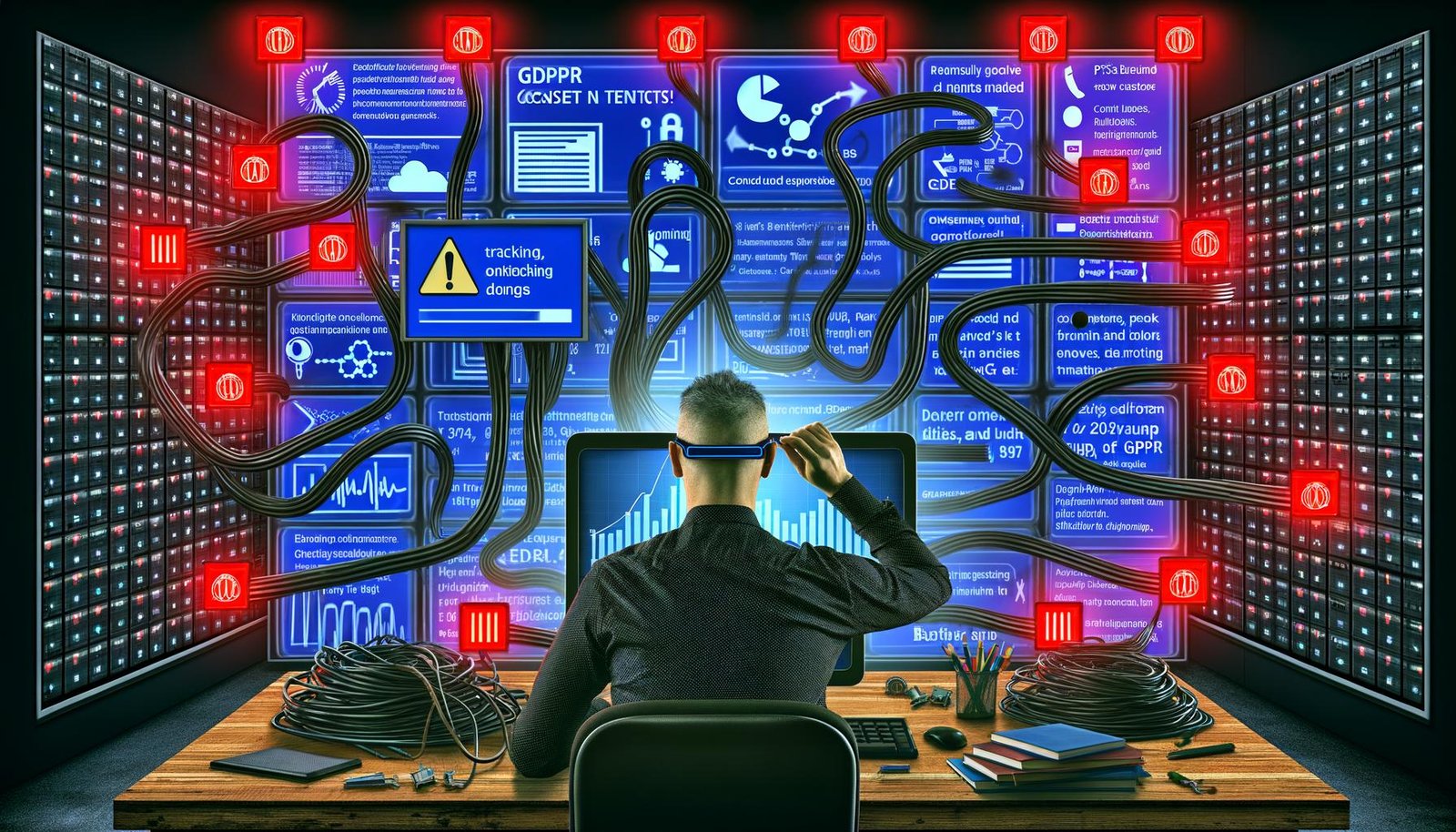 Illustration eines Marketers mit Datenbrille vor einem überdimensionalen Monitor voller Datendiagramme, Tracking-Events und Consent-Bannern, umgeben von Kabeln, Servern und Browser-Logos, während im Hintergrund DSGVO-Symbole und Alarmlichter leuchten.