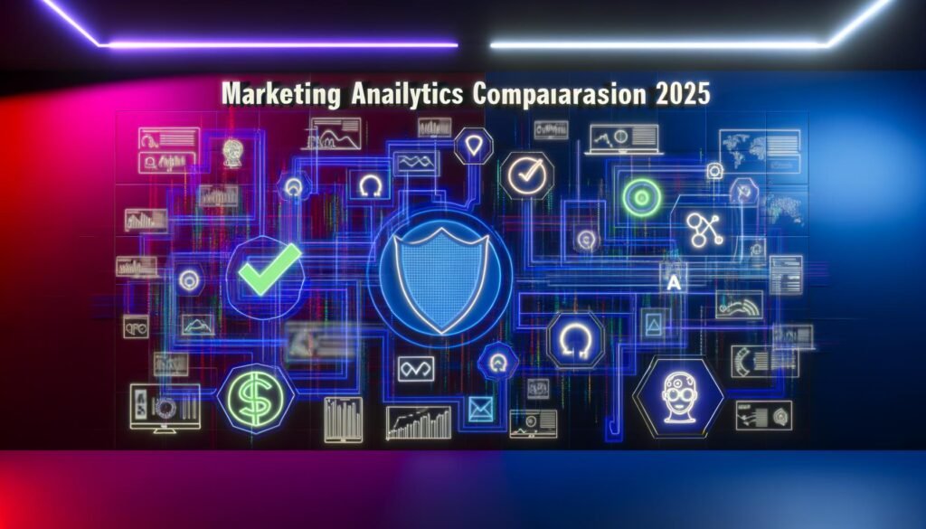 Abstrakte Grafik mit Labyrinth aus Datendiagrammen, KI- und Datenschutz-Symbolen vor neonfarbenem Hintergrund. In der Mitte der Titel 'Marketing Analytics Vergleich 2025'.