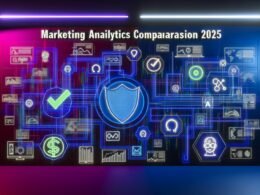Abstrakte Grafik mit Labyrinth aus Datendiagrammen, KI- und Datenschutz-Symbolen vor neonfarbenem Hintergrund. In der Mitte der Titel 'Marketing Analytics Vergleich 2025'.