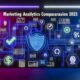Abstrakte Grafik mit Labyrinth aus Datendiagrammen, KI- und Datenschutz-Symbolen vor neonfarbenem Hintergrund. In der Mitte der Titel 'Marketing Analytics Vergleich 2025'.