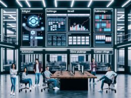Modernes Content-Team in einer dynamischen Redaktion mit Strapi-Dashboards, Workflow-Diagrammen und technischen Integrationen auf einer großen Leinwand in einem innovativen Großraumbüro.