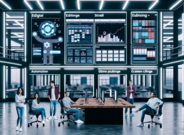 Modernes Content-Team in einer dynamischen Redaktion mit Strapi-Dashboards, Workflow-Diagrammen und technischen Integrationen auf einer großen Leinwand in einem innovativen Großraumbüro.