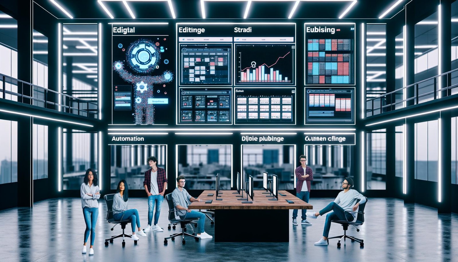 Modernes Content-Team in einer dynamischen Redaktion mit Strapi-Dashboards, Workflow-Diagrammen und technischen Integrationen auf einer großen Leinwand in einem innovativen Großraumbüro.