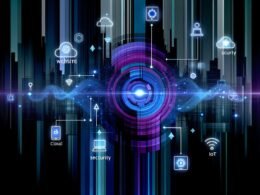 Modernes, abstrahiertes Titelbild: Leuchtende Strapi-APIs schweben als Datenströme zwischen Website, Smartphone, Smartwatch, Digital Signage und IoT-Geräten vor einer technisch inspirierten Stadt aus Code und Icons.