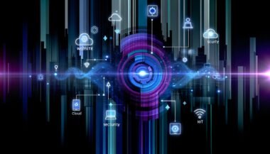 Modernes, abstrahiertes Titelbild: Leuchtende Strapi-APIs schweben als Datenströme zwischen Website, Smartphone, Smartwatch, Digital Signage und IoT-Geräten vor einer technisch inspirierten Stadt aus Code und Icons.