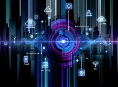 Modernes, abstrahiertes Titelbild: Leuchtende Strapi-APIs schweben als Datenströme zwischen Website, Smartphone, Smartwatch, Digital Signage und IoT-Geräten vor einer technisch inspirierten Stadt aus Code und Icons.