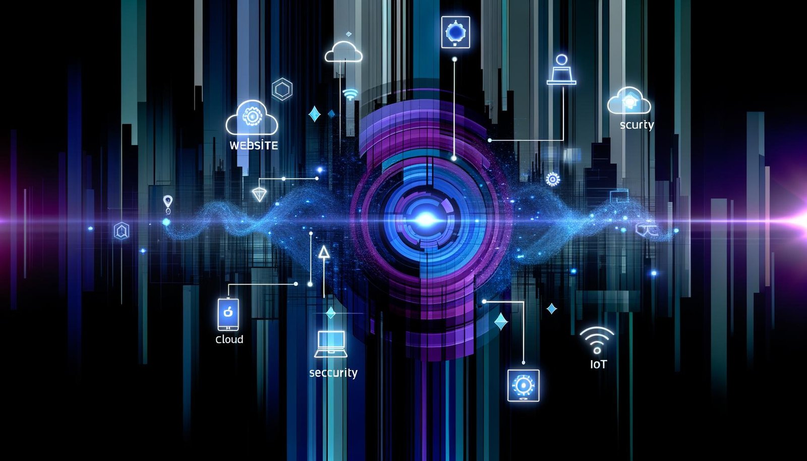 Modernes, abstrahiertes Titelbild: Leuchtende Strapi-APIs schweben als Datenströme zwischen Website, Smartphone, Smartwatch, Digital Signage und IoT-Geräten vor einer technisch inspirierten Stadt aus Code und Icons.