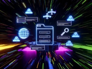 Futuristisches Dashboard einer Headless-CMS-Konsole im Darkmode mit leuchtenden SEO-Icons wie Sitemap, Canonical-Tag und strukturierten Daten vor digitalem Hintergrund.