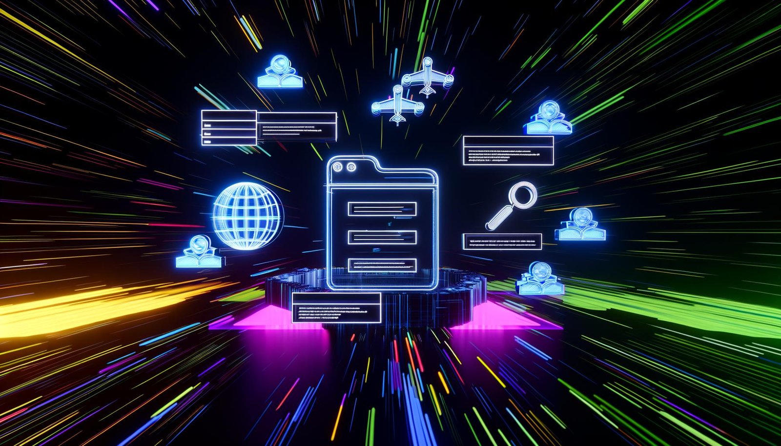 Futuristisches Dashboard einer Headless-CMS-Konsole im Darkmode mit leuchtenden SEO-Icons wie Sitemap, Canonical-Tag und strukturierten Daten vor digitalem Hintergrund.