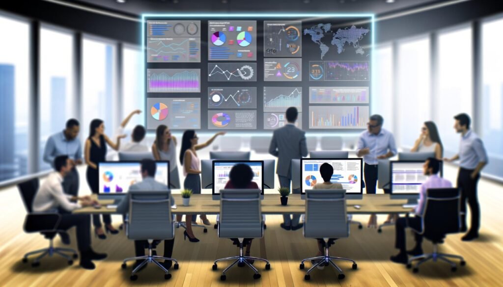 Multikulturelles Marketingteam bespricht detaillierte Datenvisualisierungen und Leistungskennzahlen an mehreren digitalen Bildschirmen in einem modernen Arbeitsraum.