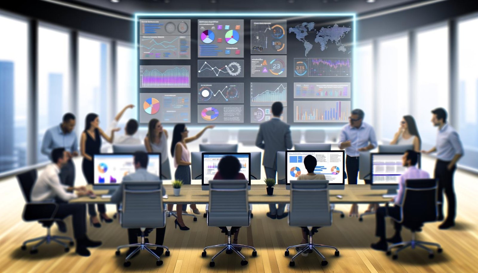 Multikulturelles Marketingteam bespricht detaillierte Datenvisualisierungen und Leistungskennzahlen an mehreren digitalen Bildschirmen in einem modernen Arbeitsraum.