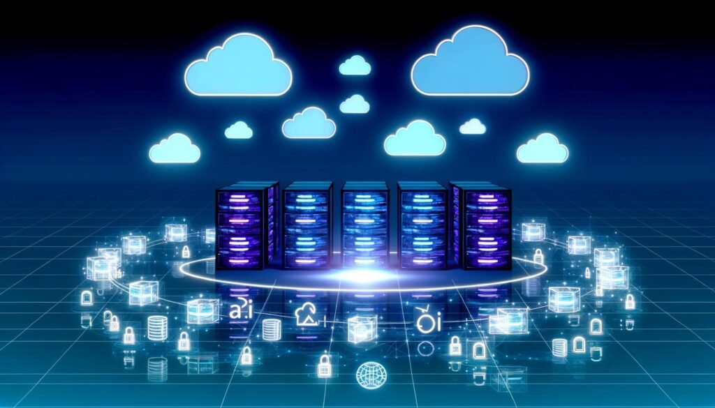 Futuristischer Serverraum, verbunden durch Cloud-Icons, mit Lambda-Symbolen, wireframe Strapi-Logos, API-Gateway, Datenbanken und Sicherheitsschlössern in leuchtender Farbenpalette.