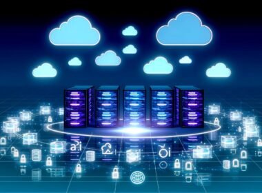 Futuristischer Serverraum, verbunden durch Cloud-Icons, mit Lambda-Symbolen, wireframe Strapi-Logos, API-Gateway, Datenbanken und Sicherheitsschlössern in leuchtender Farbenpalette.