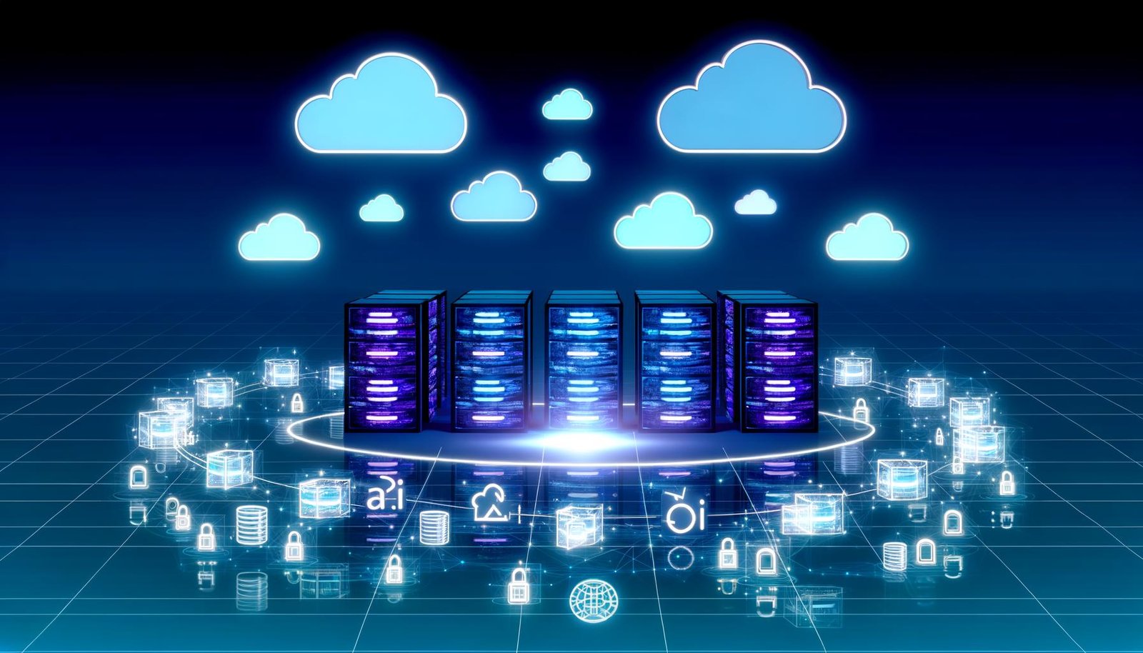 Futuristischer Serverraum, verbunden durch Cloud-Icons, mit Lambda-Symbolen, wireframe Strapi-Logos, API-Gateway, Datenbanken und Sicherheitsschlössern in leuchtender Farbenpalette.