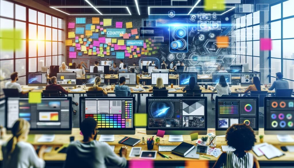 Team arbeitet in modernem Büro an Laptops mit mehreren Monitoren, bunten Notizzetteln, Brainstorming-Boards und KI-generierten Grafiken, während digitale Tools sichtbar sind.