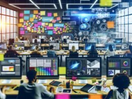 Team arbeitet in modernem Büro an Laptops mit mehreren Monitoren, bunten Notizzetteln, Brainstorming-Boards und KI-generierten Grafiken, während digitale Tools sichtbar sind.