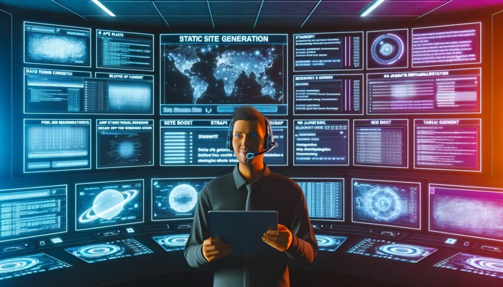 Futuristisch gestalteter Kontrollraum mit Monitoren, Code, Analytics, Profi mit Headset und Tablet vor Projektplan, Schriftzügen wie „SEO Boost“ und „Strapi“ an der Wand.