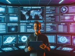 Futuristisch gestalteter Kontrollraum mit Monitoren, Code, Analytics, Profi mit Headset und Tablet vor Projektplan, Schriftzügen wie „SEO Boost“ und „Strapi“ an der Wand.