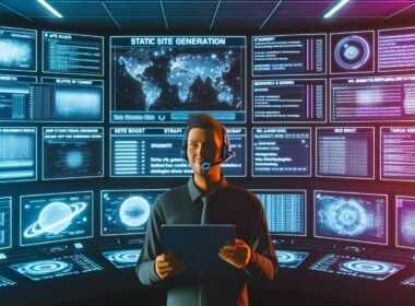 Futuristisch gestalteter Kontrollraum mit Monitoren, Code, Analytics, Profi mit Headset und Tablet vor Projektplan, Schriftzügen wie „SEO Boost“ und „Strapi“ an der Wand.