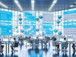 Futuristischer Workspace mit großen Monitoren, diversen Mitarbeitenden und holografischen Content-Blöcken in blau-weißem Licht