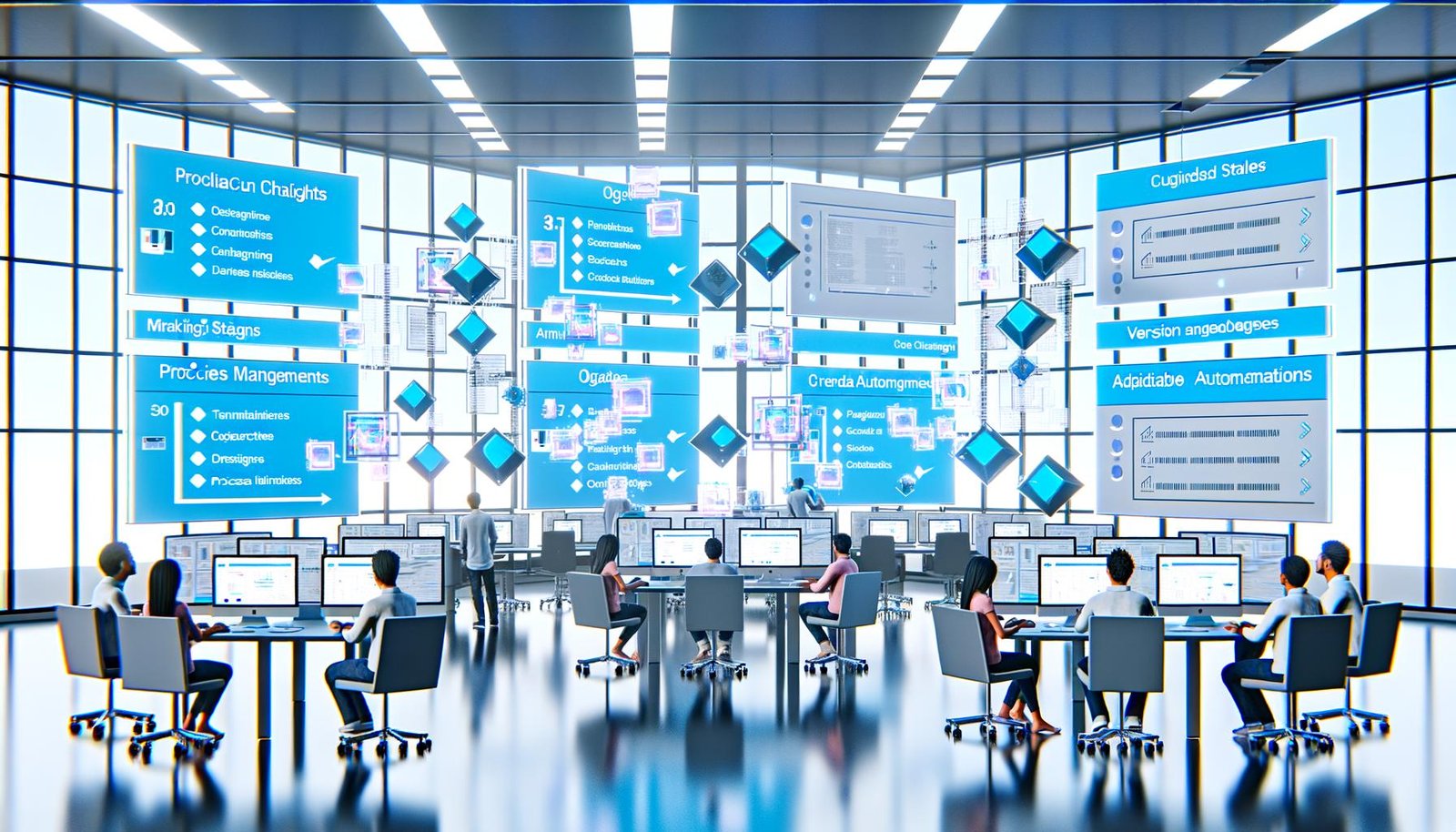 Futuristischer Workspace mit großen Monitoren, diversen Mitarbeitenden und holografischen Content-Blöcken in blau-weißem Licht