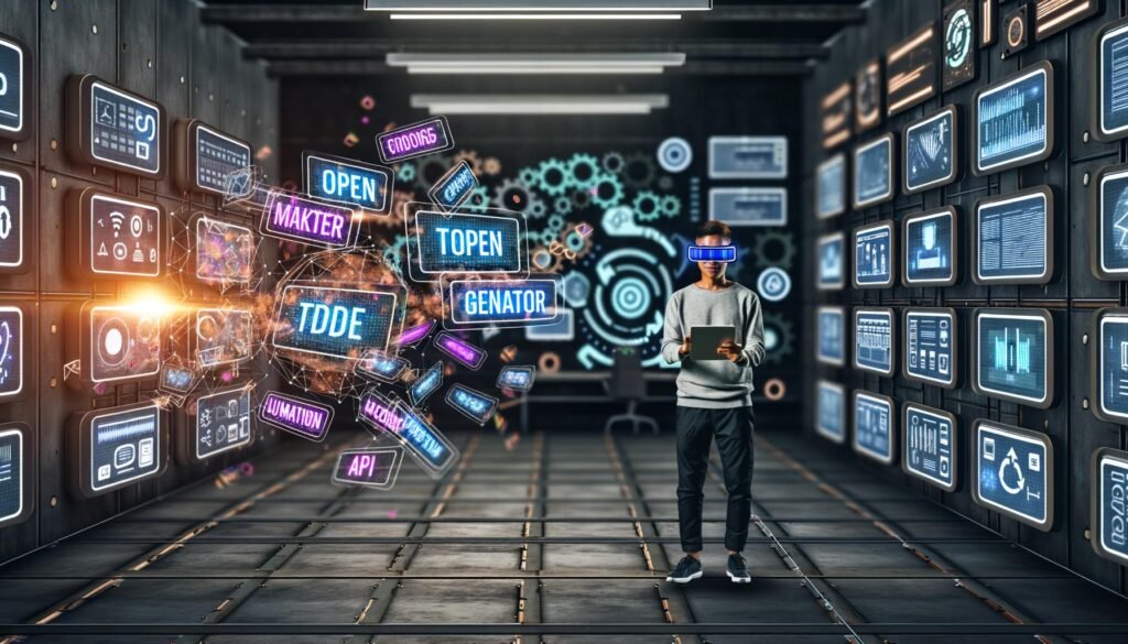 Ein Marketer mit Augmented-Reality-Brille und Tablet orchestriert im dunklen, modernen Maschinenraum digitale Content-Tools mit leuchtenden Datenströmen unter Hightech-Bildschirmen.