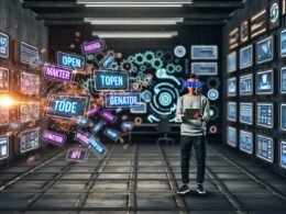 Ein Marketer mit Augmented-Reality-Brille und Tablet orchestriert im dunklen, modernen Maschinenraum digitale Content-Tools mit leuchtenden Datenströmen unter Hightech-Bildschirmen.