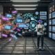 Ein Marketer mit Augmented-Reality-Brille und Tablet orchestriert im dunklen, modernen Maschinenraum digitale Content-Tools mit leuchtenden Datenströmen unter Hightech-Bildschirmen.