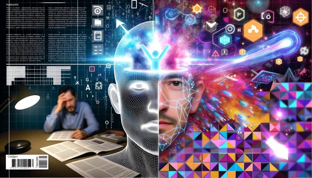 Futuristische Collage eines menschlichen Kopfes mit digitalen Algorithmen, Editorial-Redakteur am Schreibtisch, analoge und digitale Elemente, leuchtende Farben.