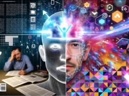 Futuristische Collage eines menschlichen Kopfes mit digitalen Algorithmen, Editorial-Redakteur am Schreibtisch, analoge und digitale Elemente, leuchtende Farben.