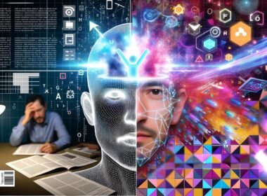 Futuristische Collage eines menschlichen Kopfes mit digitalen Algorithmen, Editorial-Redakteur am Schreibtisch, analoge und digitale Elemente, leuchtende Farben.