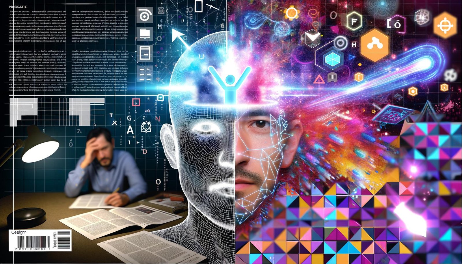 Futuristische Collage eines menschlichen Kopfes mit digitalen Algorithmen, Editorial-Redakteur am Schreibtisch, analoge und digitale Elemente, leuchtende Farben.