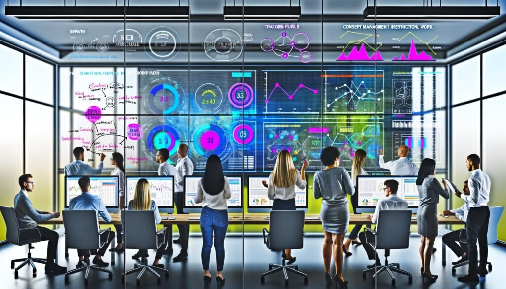 Marketing-Profis analysieren KPIs und Dashboards an großen Monitoren in einem hochmodernen Büro, umgeben von Whiteboards mit Metriken, digitalen Popups und Server-Symbolen.